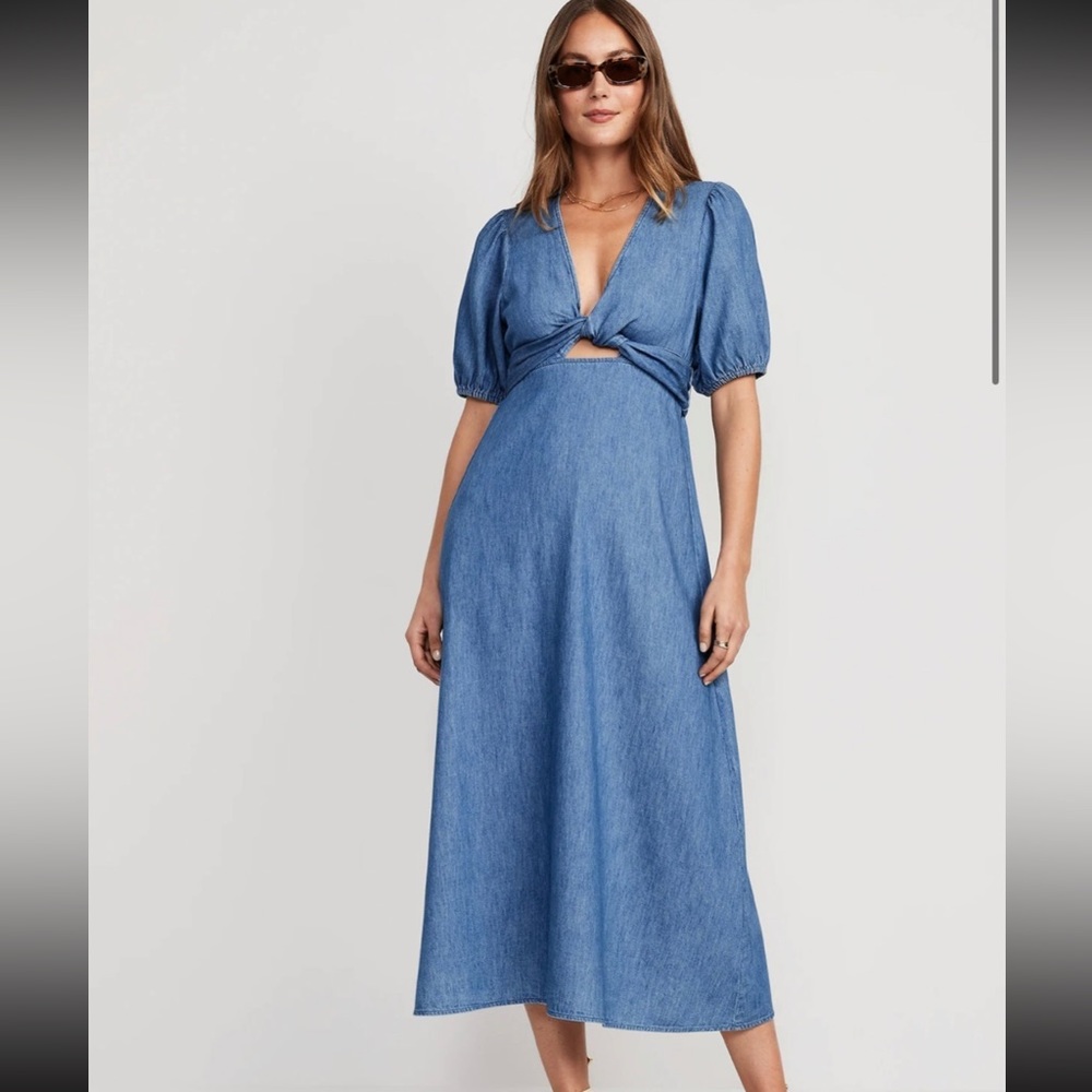 Fit and Flare Twist Front  cut out Denim Wrap Dress
